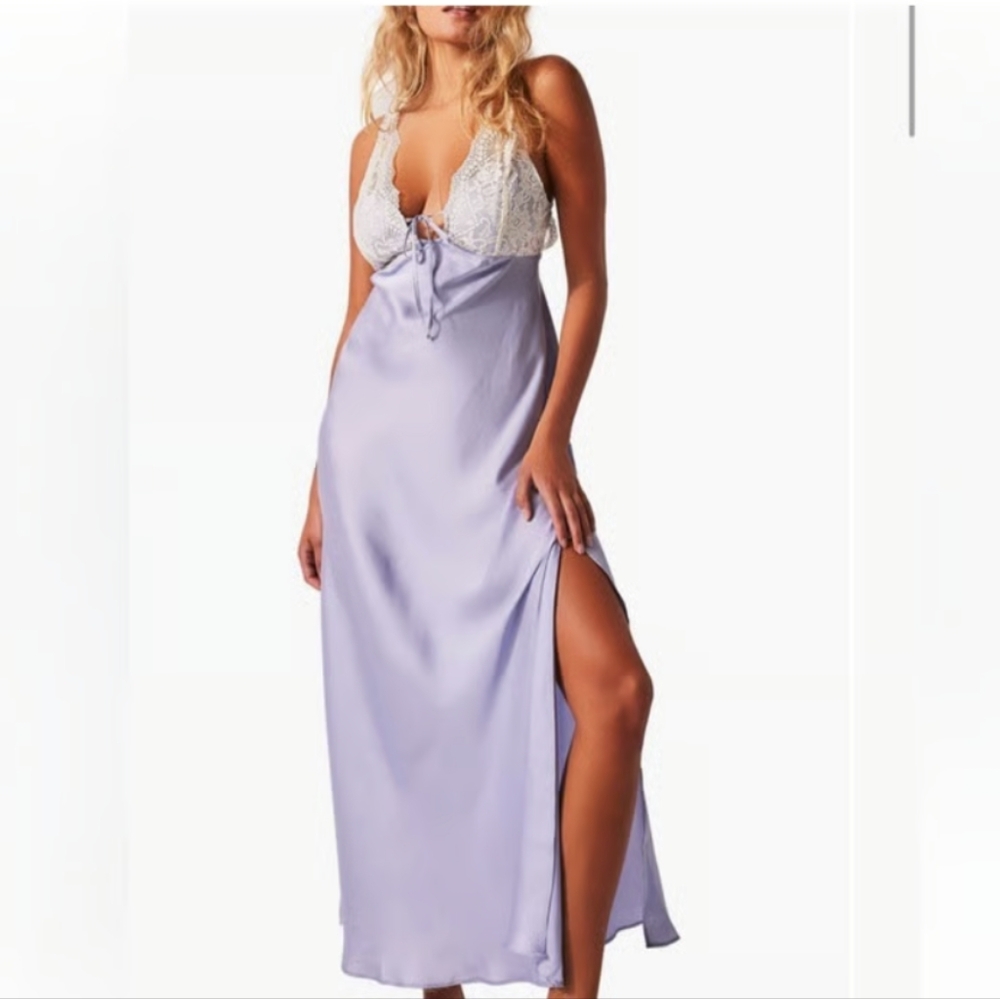 NWOT Free People Countryside Blue Satin Lace Maxi Dress Cottagecore Farmhouse